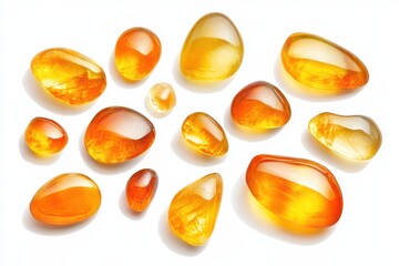 Collection of transparent amber gemstones in yellow orange hues arranged in various shapes against a white background