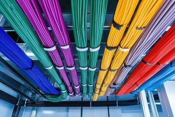 Colored cables and optical fiber secured with black and white ties in the ceiling of an industrial space for telecom and internet