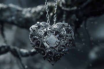 Steampunk heart with intricate mechanical details and a suspended silver chain