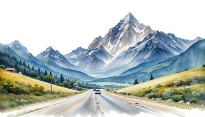 Fototapeta premium Scenic mountain road trip majestic mountains digital art serene landscape wide angle adventure