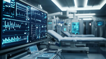 Modern hospital intensive care unit medical technology screen display icu data blue dark clean vital