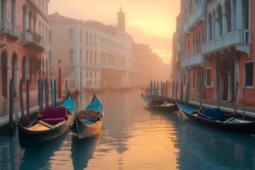 Gondolas floating on Grand Canal during sunrise with fog in Venice, Italy