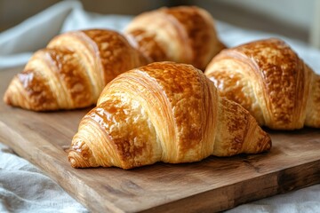 Fototapeta premium Freshly baked golden croissants resting on wooden cutting board