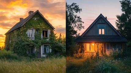 Contrast of nature reclaiming an abandoned house and the charm of a beautifully restored cottage at dusk. Generative AI