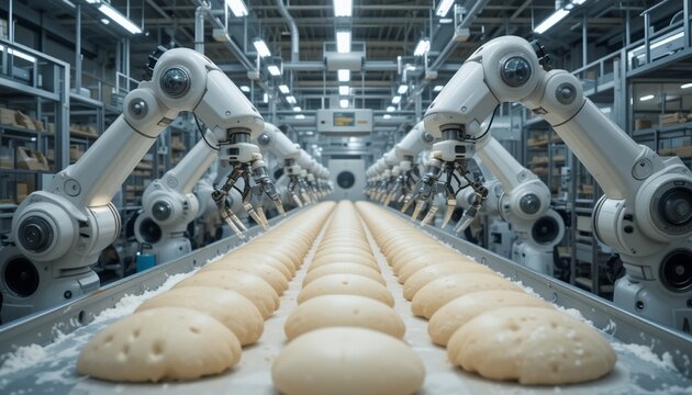 Automated Bakery Production Line Robotic Arms Handling Bread Dough on Conveyor Belt