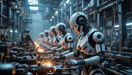 Fototapeta premium Futuristic Robots on Assembly Line Advanced Manufacturing Automation AI in Industry 4 0