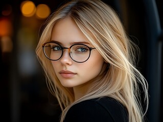 Fototapeta premium Blonde woman, glasses, outdoors, night