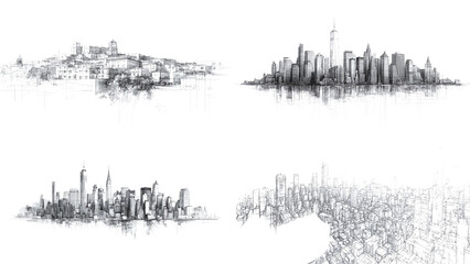 a collection of architectural city drawings in monochrome style, showing various urban skylines. Each sketch is rendered with intricate details, offering a glimpse into different architectural styles.