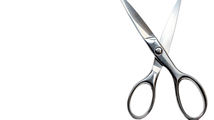 A pair of shiny, silver scissors with open blades, ready for use. The sleek design of the scissors is showcased against the background.