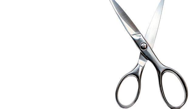A pair of shiny, silver scissors with open blades, ready for use. The sleek design of the scissors is showcased against the background.