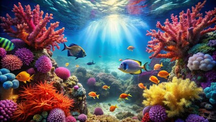 Vibrant Underwater Scene Showcases a Thriving Coral Reef Ecosystem with Colorful Fish and Diverse Coral Formations
