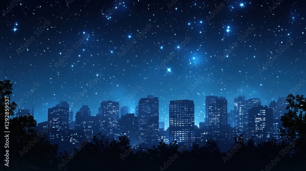 Poster City skyline illuminated by artificial light under a starry night sky with a hint of nature in the foreground. Generative AI