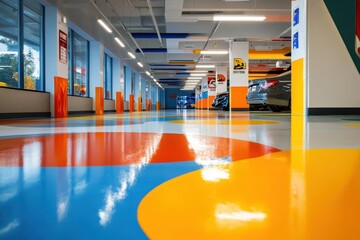 Colorful signs in a car service with epoxy and waxed floors