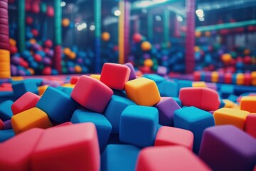 Obraz premium Colorful soft cubes in a dry pool for kids birthday fun at an indoor trampoline playground