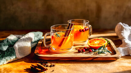 Ruby hued mulled cider with cinnamon and orange garnish