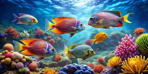 Vibrant Reef Scene Featuring Colorful Fish Swimming Amongst Lush Coral and Sea Anemones in a Sunlit Underwater Paradise