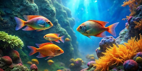 Vibrant aquatic life thrives in a mesmerizing underwater scene, showcasing colorful fish swimming amidst vibrant coral reefs and aquatic plants