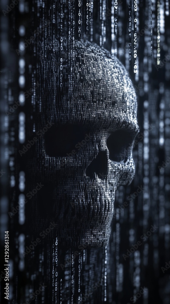Fototapete Digital skull made of binary code on dark background, conceptual image. Cybersecurity and hacking threat concept