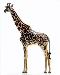 Fototapeta premium A majestic giraffe standing gracefully against a clean white background, showcasing its stunning spotted coat 