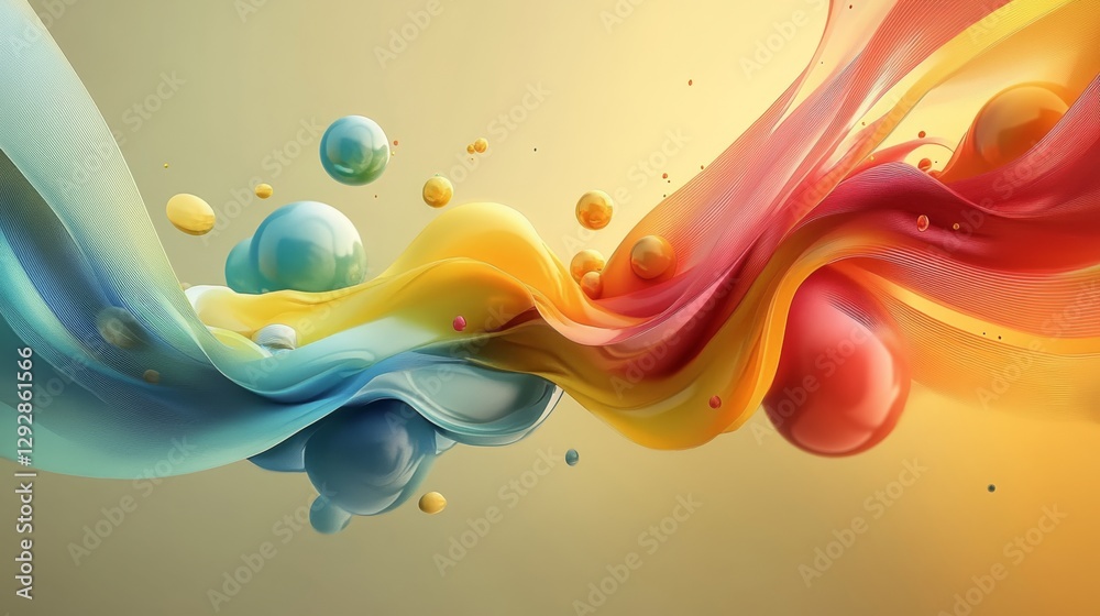Poster Intertwined colorful waves and floating spheres on a gradient background, abstract art. Creative digital illustration and modern artistic expression concept