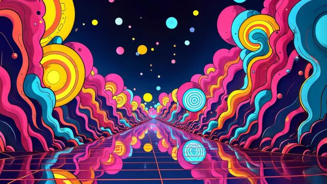 A colorful, psychedelic, and abstract painting of a road with many colorful circles. The circles are of different sizes and colors, and they are scattered throughout the painting