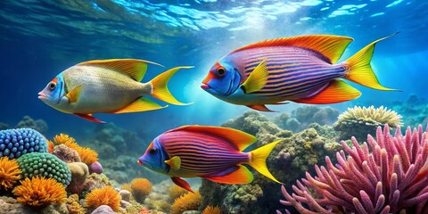Obraz premium Vibrant Reef Inhabitants Gracefully Swimming Amidst a Lush Coral Garden