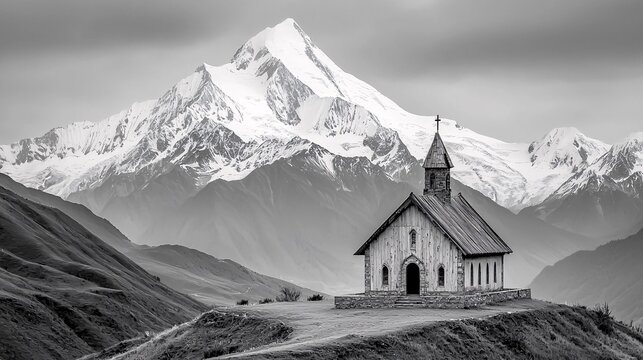 serene mountain chapel in majestic black and white landscape