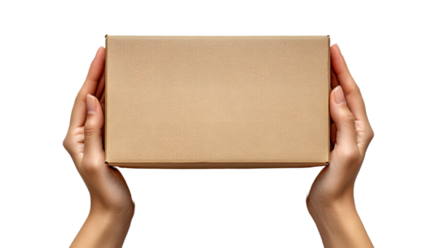 Gently held, a promise of something special arrives; a simple brown cardboard box rests in waiting hands against a pure white backdrop.