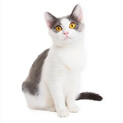 Obraz premium Adorable Domestic Cat Sitting Gracefully on White Background with Bright Yellow Eyes and Playful Expression 