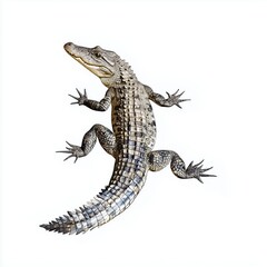Naklejka premium Detailed Crocodile Crawling on White Background with Dramatic Shadows and Striking Textures 