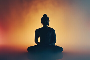 A dark silhouette of Buddha in a meditative pose, centered against a soft glowing gradient background, symbolizes enlightenment