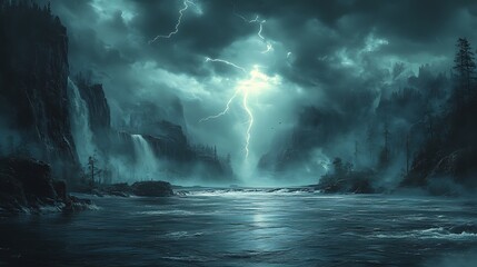 Stormy fjord, lightning strike, waterfalls, mountains, fantasy landscape, game background
