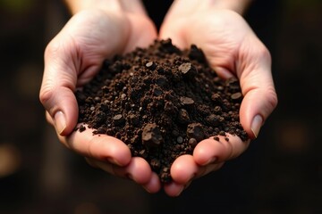 Dark brown soil clutched in a hand, rich texture shown , farming, environment