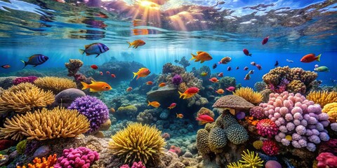 Vibrant Coral Reef Underwater Scene with Colorful Fish Display