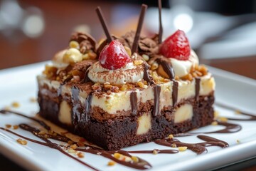 Delicious dessert with brownies and ice cream