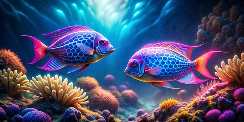 Obraz premium Vibrant aquatic life thrives amidst a breathtaking coral reef, showcasing two iridescent fish with mesmerizing patterns and radiant fins, creating an enchanting underwater scene.