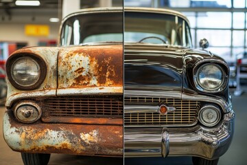 Classic car transformation shows rusted exterior versus polished finish in restoration project. Generative AI