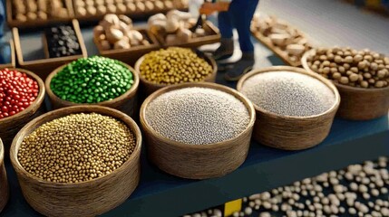 Colorful display of various spices in wooden bowls at a market.