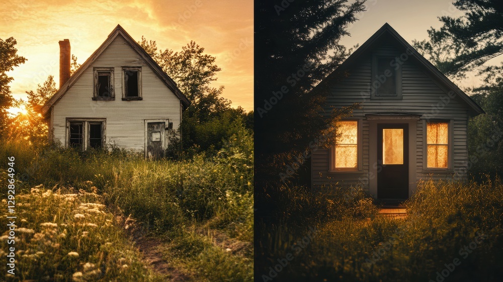 Poster contrasting views of a forgotten house engulfed by nature and a lovingly restored cottage glowing in