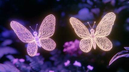 Delicate Glowing Butterflies Surrounded by Lush Flora in a Magical Nighttime Setting