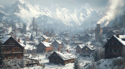 A quaint Alpine village with wooden houses, snowy rooftops, and smoke rising from chimneys during 