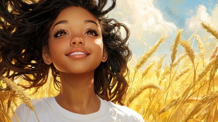 Joyful Young Girl Smiling in Golden Wheat Field Under Bright Blue Sky with Soft Clouds and Warm Sunshine