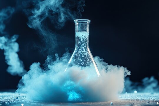Detailed view of a chemical reaction in a glass flask producing smoke from liquid nitrogen Children s science demonstrations with dry ice and smoke