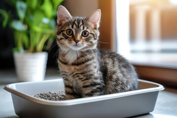 A charming cat showcases its playful nature near a litter box.