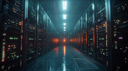 Fototapeta premium Modern server room interior with bright neon lights technology data dark blue glow cyber center