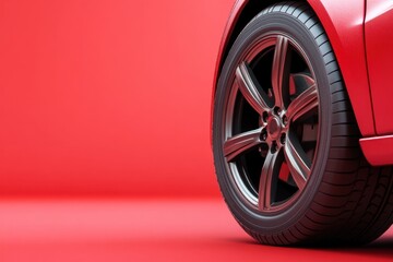 Red Car Tire Wheel And Body Against a Red Background