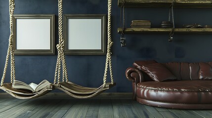 Stylish Interior Living Space Featuring Swing Chairs and Elegant Leather Sofa with Dark Walls