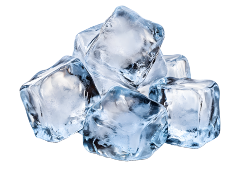 A refreshing pile of glistening ice cubes, capturing the cool, crisp essence of winter's chill with sharp, clear details against a bright white background.