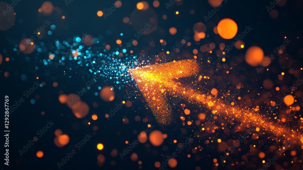 Poster abstract glowing arrow made of orange and blue particles on a dark background. digital technology pr
