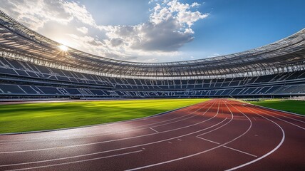 A view of the stadium with athletic run track and soccer field on bright sunny day